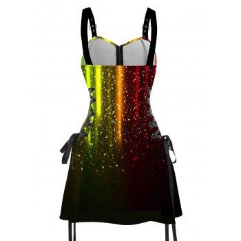 Galaxy Colorful Print Lace Up Mini Dress Half Zipper Adjustable Buckle Strap Dress