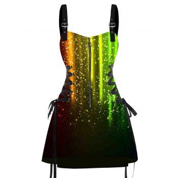 Galaxy Colorful Print Lace Up Mini Dress Half Zipper Adjustable Buckle Strap Dress 