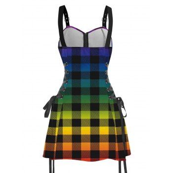 Plaid Ombre Print Lace Up Mini Dress Half Zipper Adjustable Buckle Strap Dress