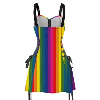 Lace Up Half Zipper Mini Dress Rainbow Print Buckle Strap Dress