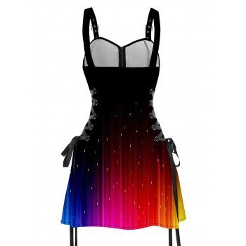 Lace Up Half Zipper Mini Dress Rainbow Glitter Print Buckle Strap Dress