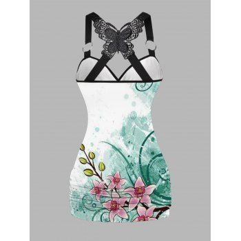 Floral Pattern Ruched Butterfly Lace Tank Top Cross O Ring Surplice Summer Top