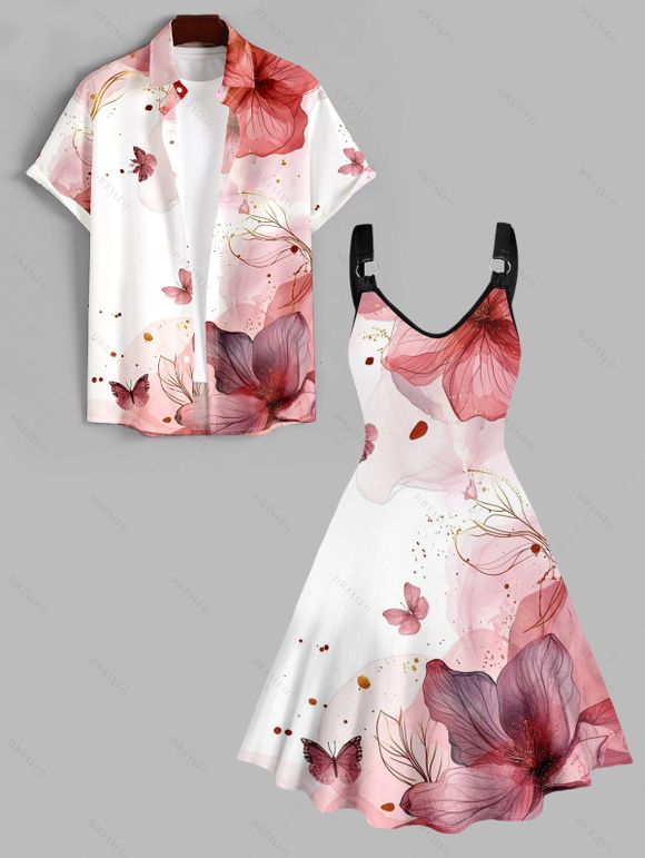 Robe Chemise Plissée Fleur et Papillon Imprimés Manches Roulées à Col V pour Femme - Rose clair S | US 4