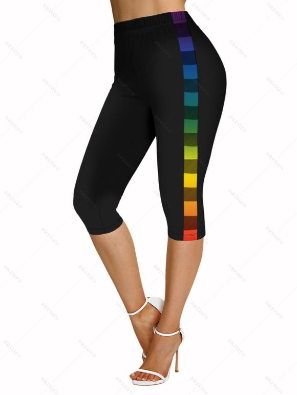 Legging Capri Moulant Ombré Imprimé à Carreaux à Taille Elastique - Noir XXL | US 14