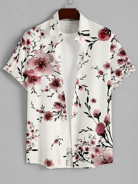 Chemise Décontractée Boutonnée Fleur et Gentilhomme Imprimés à Manches Courtes - Rose clair S