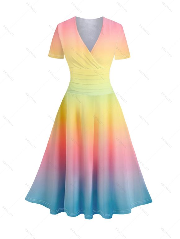 Robe Ligne A Superposée Colorée Ombrée Imprimée Manches Courtes à Col V - multicolor A S | US 4