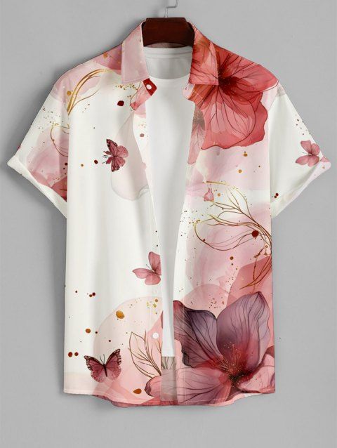 Chemise Décontractée Boutonnée Papillon et Fleur Imprimés à Manches Courtes