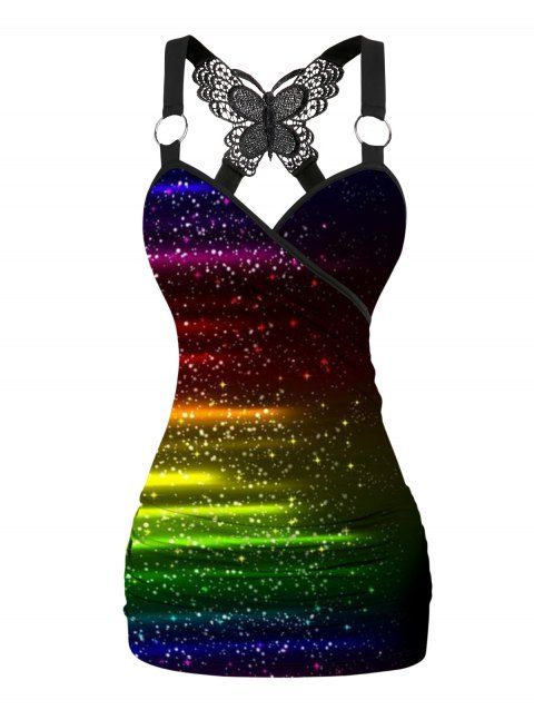 Colorblock Ombre Print Ruched Butterfly Lace Tank Top O Ring Surplice Summer Top