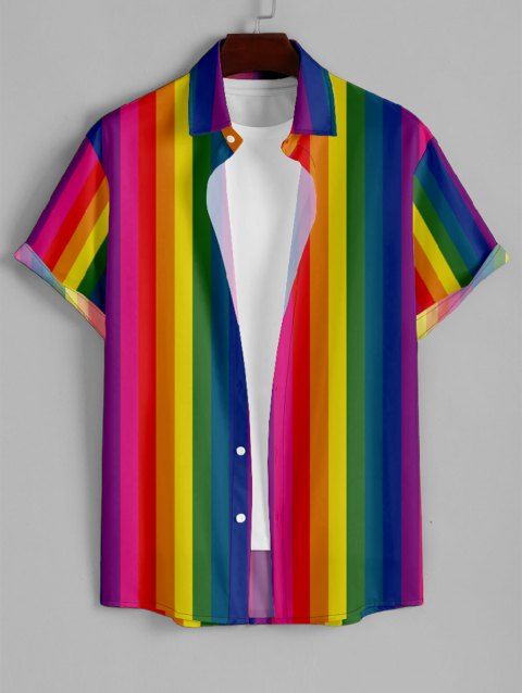 Chemise Décontractée Boutonnée Arc-en-Ciel Ombré Imprimé à Manches Courtes