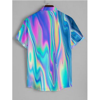 Colorful Reflective Print Women's V Neck O-Ring Dress and Men's Roll Up Sleeve Shirt Outfit