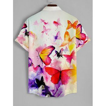 Men's Floral Butterfly Print Roll Up Sleeve Shirt Button Up Short Sleeve Casual Gentleman Shirt