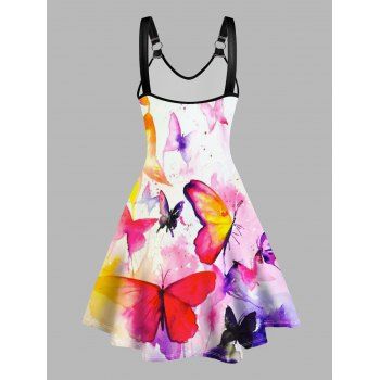 Tie Dye Butterfly Print V Neck Dress O Ring Straps Sleeveless A Line Tank Dress