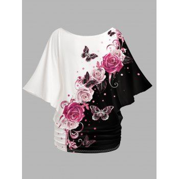 Rose Butterfly Print Oblique Shoulder Batwing Sleeve Summer T-shirt