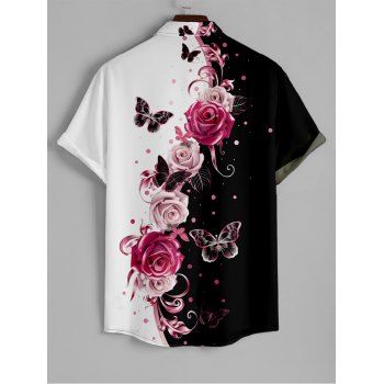 Butterfly Rose Print Women's V Neck Ruffle Sleeve Surplice Dress and Men's Roll Up Sleeve Shirt Gentleman Shirt Outfit
