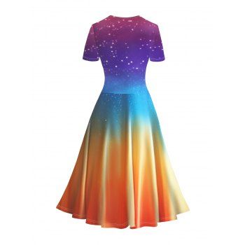 Colorful Ombre Print V Neck Short Sleeve Surplice Dress High Waist A-line Dress