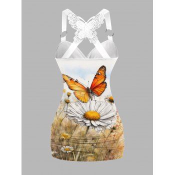 Butterfly Print Ruched Butterfly Lace Tank Top Cross O Ring Surplice Summer Top