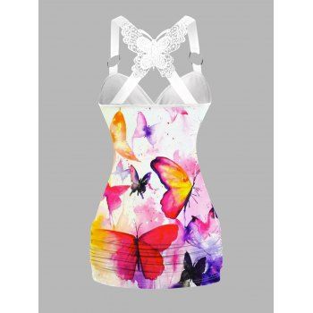 Butterfly Print Ruched Butterfly Lace Tank Top Cross O Ring Surplice Summer Top