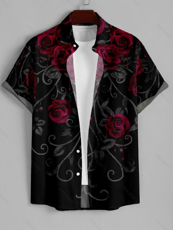 Chemise Décontractée Rose et Gentilhomme Imprimés à Manches Courtes - Noir XL