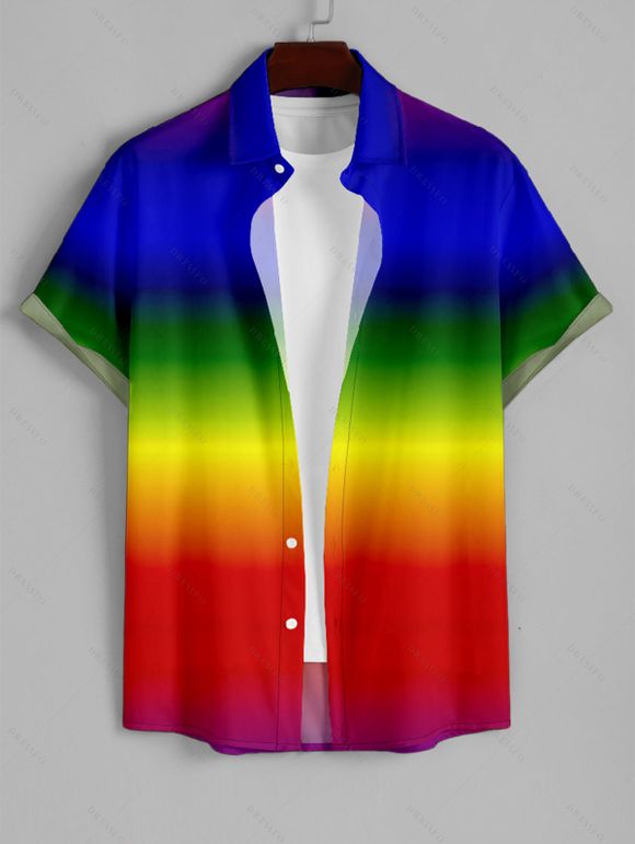 Chemise Décontractée Boutonnée Arc-en-Ciel Ombré Imprimé à Manches Courtes - multicolor A S