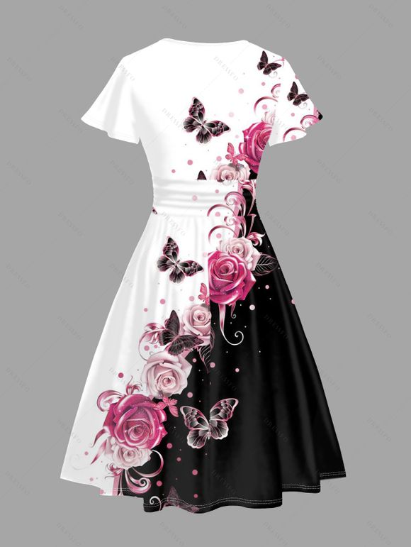 Robe Chemise Fleurs et Papillon Imprimés à Manches Roulées à Col en V pour Femme - Noir S | US 4