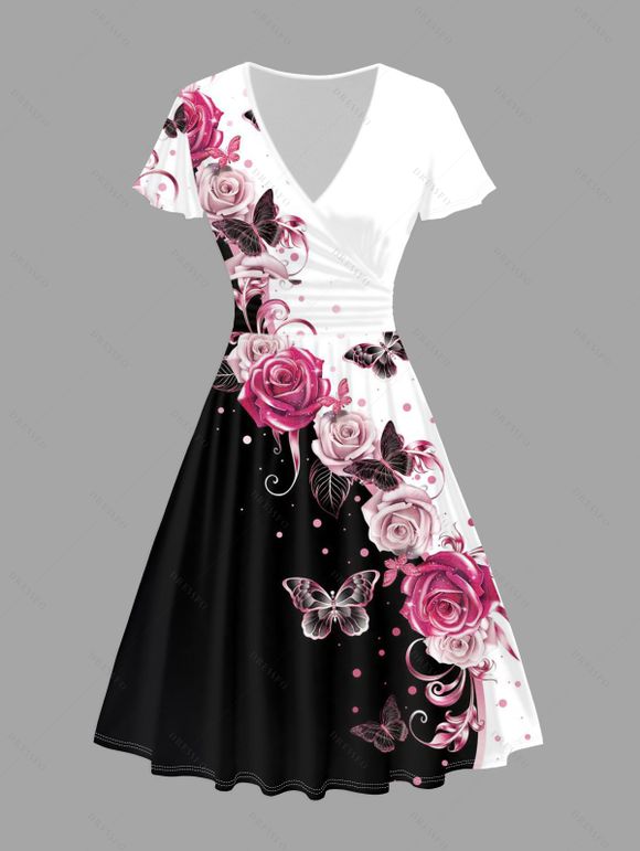 Robe Chemise Fleurs et Papillon Imprimés à Manches Roulées à Col en V pour Femme - Noir S | US 4