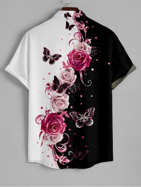 Robe Chemise Fleurs et Papillon Imprimés à Manches Roulées à Col en V pour Femme - Noir S | US 4