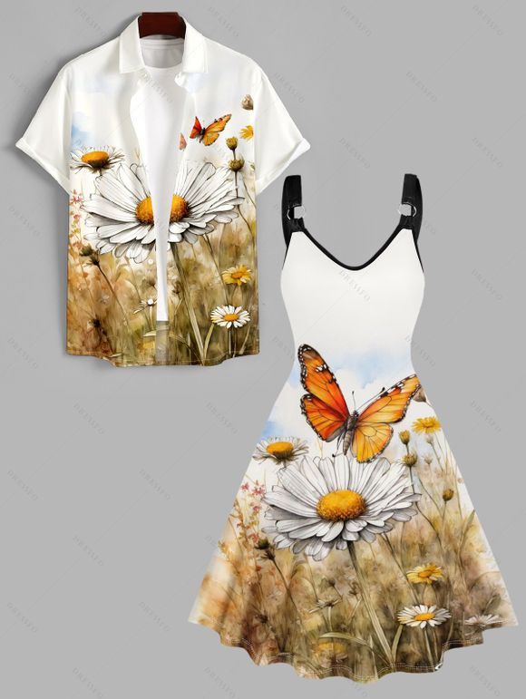 Robe Chemise Plissée Fleur et Papillon Imprimés Manches Roulées à Col V pour Femme - Blanc S | US 4