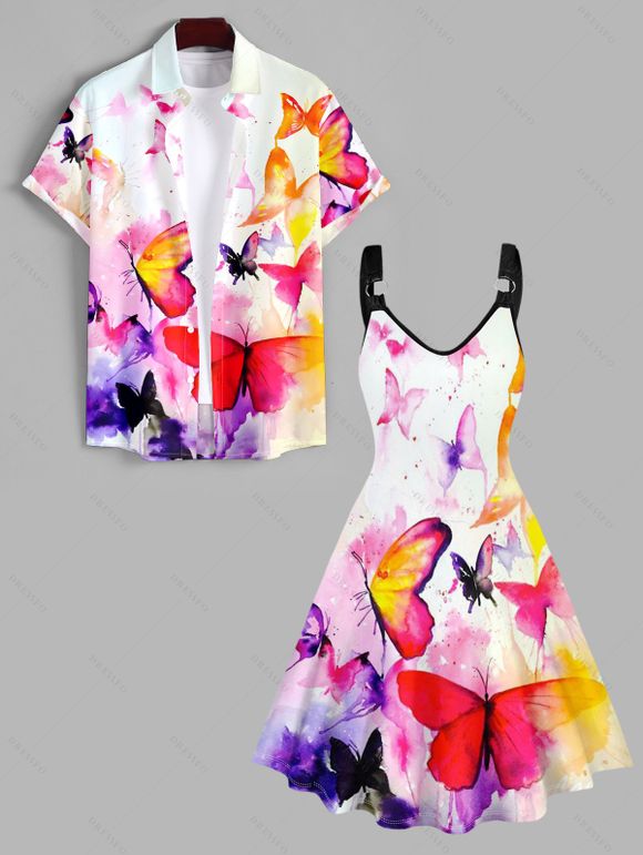 Robe Chemise Manches Roulées Papillon Imprimée à Col V pour Femme - Blanc S | US 4