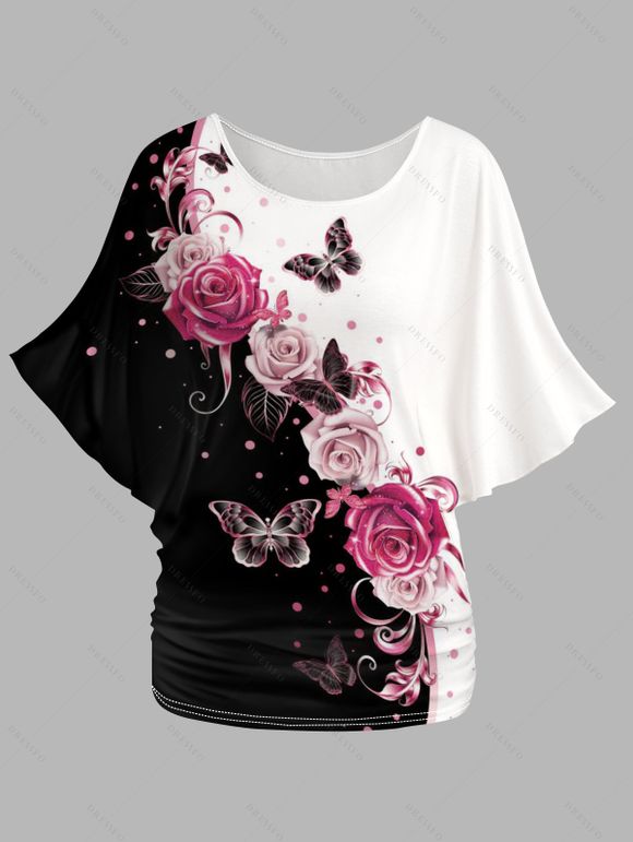 T-shirt D'été à Rose et Papillon à Manches Chauves-Souris - Noir XXL | US 14
