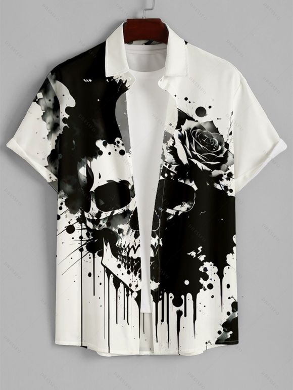 Chemise Décontractée Peinture Eclabousée Rose Crâne Imprimés à Manches Courtes - Noir 5XL