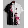 Robe Chemise Plissée Rose et Papillon Imprimés Manches Roulées à Col V pour Femme - Noir S | US 4