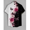 Robe Chemise Plissée Rose et Papillon Imprimés Manches Roulées à Col V pour Femme - Noir S | US 4