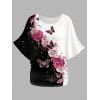 T-shirt D'été à Rose et Papillon à Manches Chauves-Souris - Noir XXL | US 14
