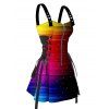 Lace Up Half Zipper Mini Dress Rainbow Glitter Print Buckle Strap Dress - multicolor A S | US 4