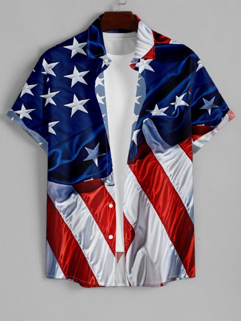 Chemise Décontractée Boutonnée Drapeau Américain Imprimé à Manches Roulées