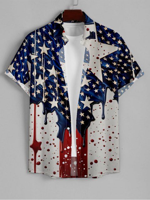Chemise Décontractée Boutonnée Drapeau Américain Imprimé à Manches Roulées
