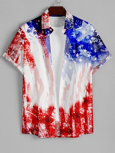 Chemise Décontractée Boutonnée Drapeau Américain Imprimé à Manches Roulées