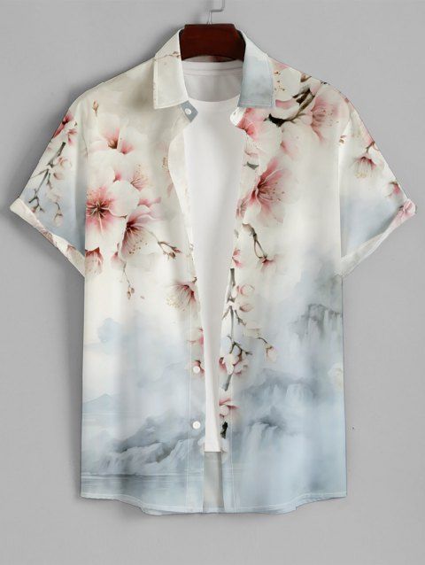 Chemise Décontractée Boutonnée Fleur et Gentilhomme Imprimés à Manches Courtes