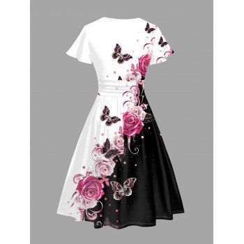 Butterfly Rose Print V Neck Ruffle Sleeve Surplice Dress High Waist A-line Dress