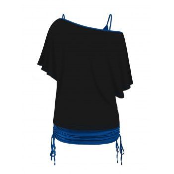 Cartoon Lonely Frog Print Oblique Shoulder T-shirt And Cinched V Neck Spaghetti Strap Camisole Two Piece Set 