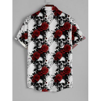 Men's Skull Floral Print Roll Up Sleeve Shirt Button Up Short Sleeve Casual Gentleman Shirt