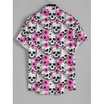 Men's Skull Floral Print Roll Up Sleeve Shirt Button Up Short Sleeve Casual Gentleman Shirt