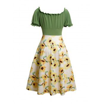 Sunflower Print Lace Up Ruffle Sleeve Neck Dress Off The Shoulder Summer Casual Dress 