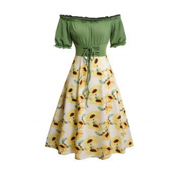 Sunflower Print Lace Up Ruffle Sleeve Neck Dress Off The Shoulder Summer Casual Dress 