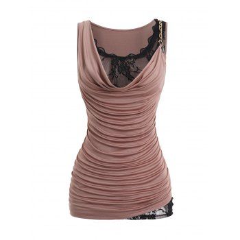 Sheer Lace Patchwork Cowl Neck Chain Decor Shoulder Faux Twinset Top Sleeveless Ruched Summer Blouse 