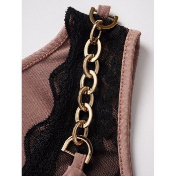 Sheer Lace Patchwork Cowl Neck Chain Decor Shoulder Faux Twinset Top Sleeveless Ruched Summer Blouse 