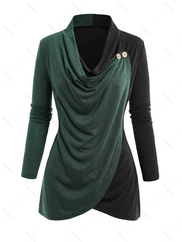 Haut cache-cœur chiné à col bénitier et boutons fantaisie de couleur contrastée - Vert profond L | US 8-10