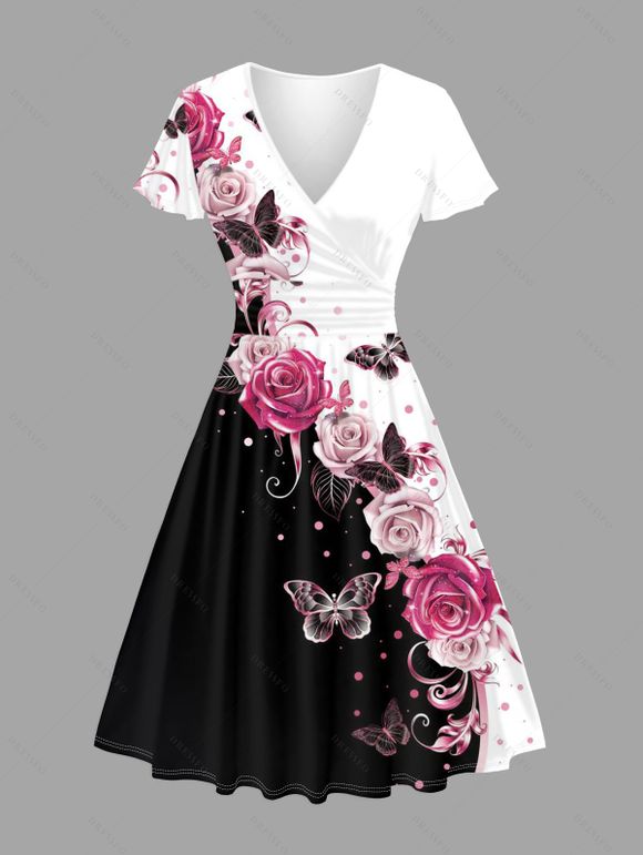Butterfly Rose Print V Neck Ruffle Sleeve Surplice Dress High Waist A-line Dress - Noir XXL | US 14