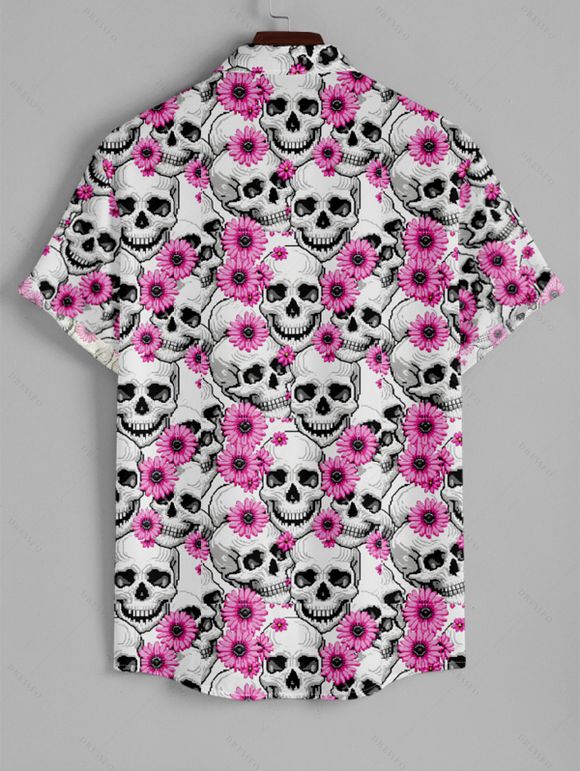 Chemise Décontractée Boutonnée Crâne Fleur Imprimées à Manches Courtes - Rose clair L