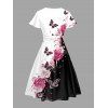 Butterfly Rose Print V Neck Ruffle Sleeve Surplice Dress High Waist A-line Dress - Noir L | US 8-10